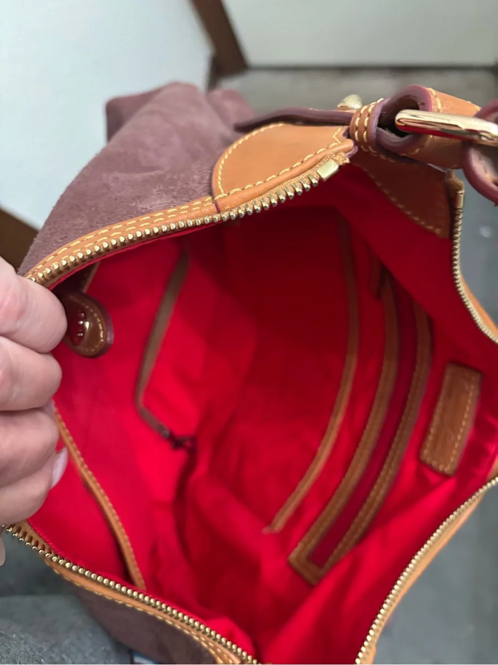 Dooney & Bourke Suede Shoulder Bag in Burgundy and Tan